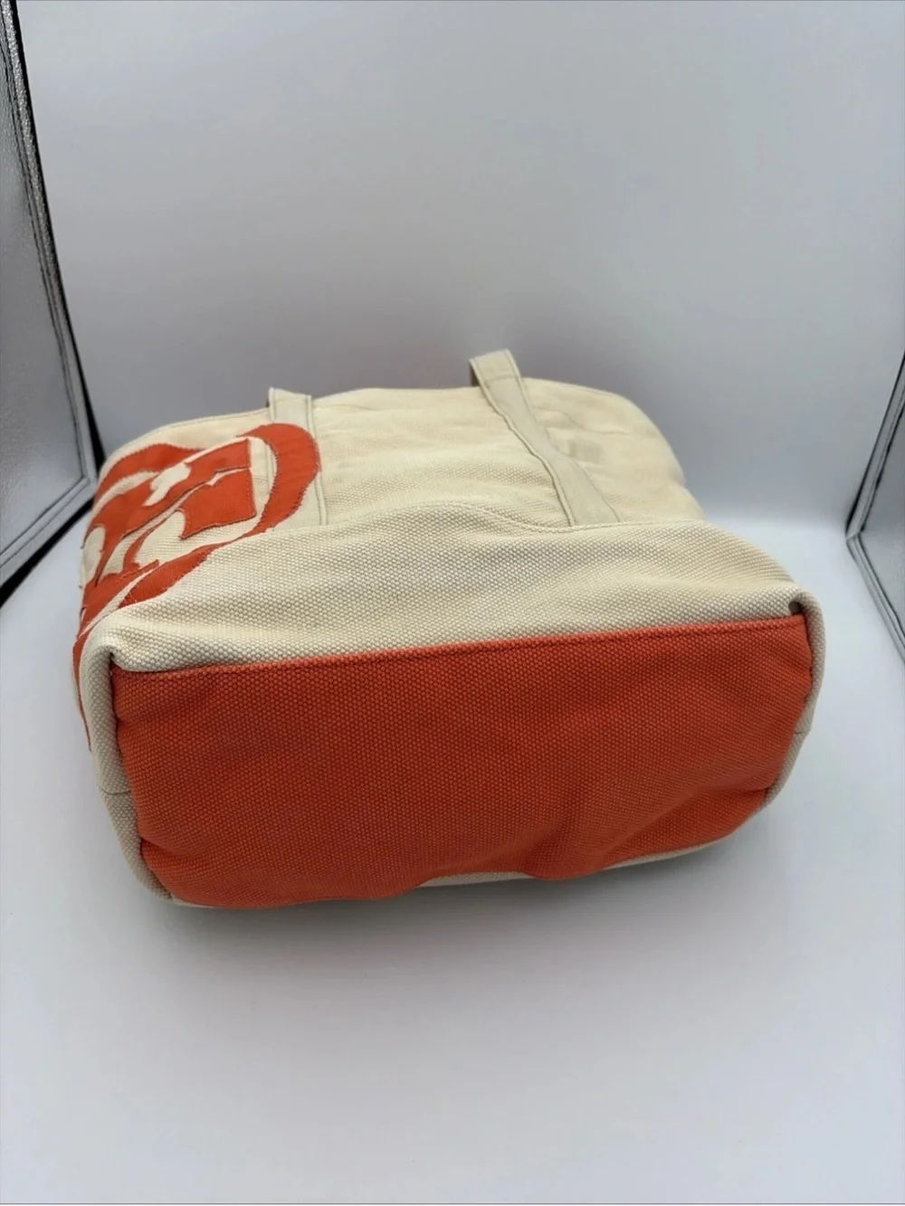 Tory Burch Beige Canvas Tote with Orange Logo Accent beach or summer handbag